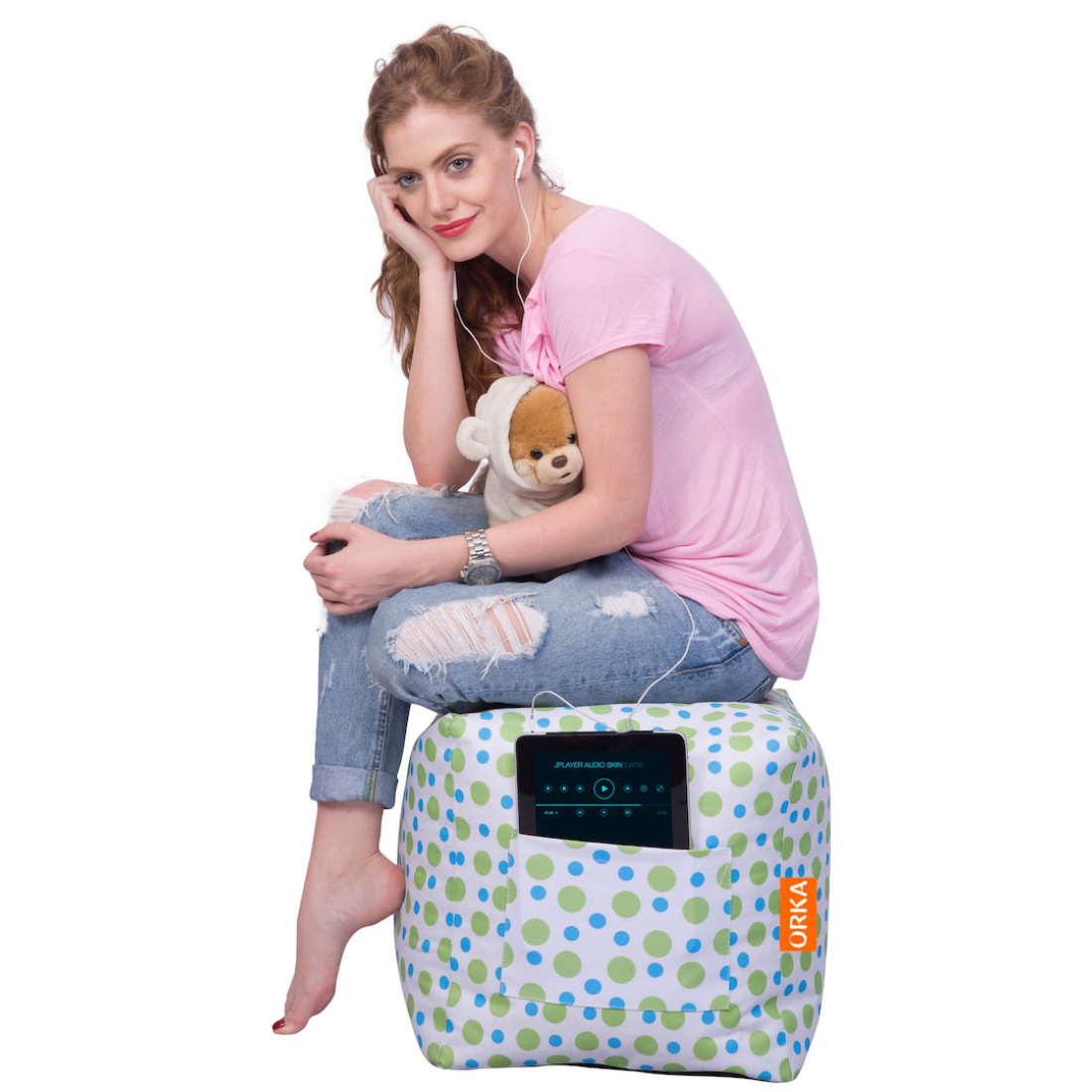 Orka Denier Fabric Pouf Filled With Beans Polkadot